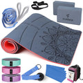 1/3 Yoga Mat Thick Yoga Kit and Sets for Beginners Include High Density Yoga Mat with Multi-loops Yoga Strap Yoga Blocks Booty Resistance Band Set & Door Anchor (9MM BLUE&RED)