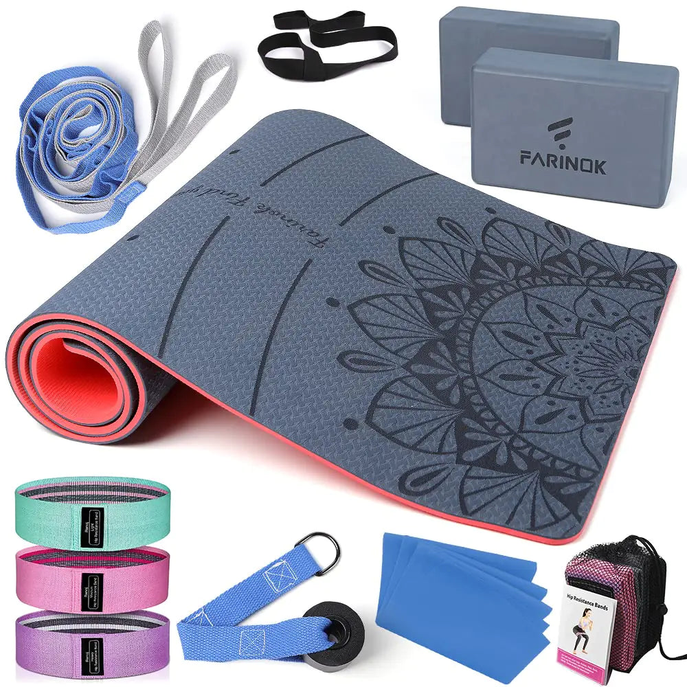 1/3 Yoga Mat Thick Yoga Kit and Sets for Beginners Include High Density Yoga Mat with Multi-loops Yoga Strap Yoga Blocks Booty Resistance Band Set & Door Anchor (9MM BLUE&RED)