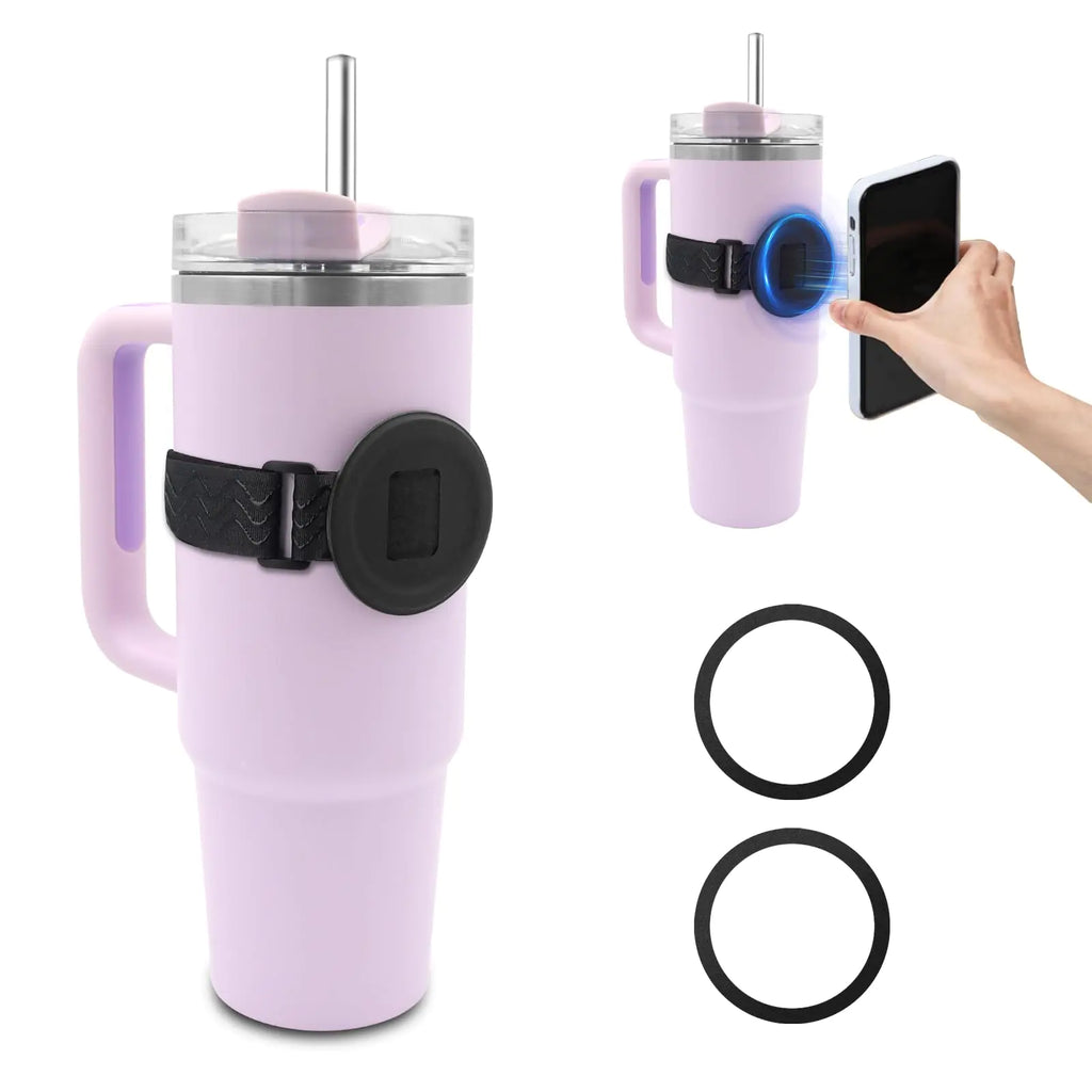 Water Bottle Phone Holder for MagSafe Magnetic Holder Upgrade Silicone Anti-slip Adjustable Strap for Stanley Cup Gym Accessories for iPhone & AirPods Owala Simple Modern Water Bottle w/2×Metal Ring