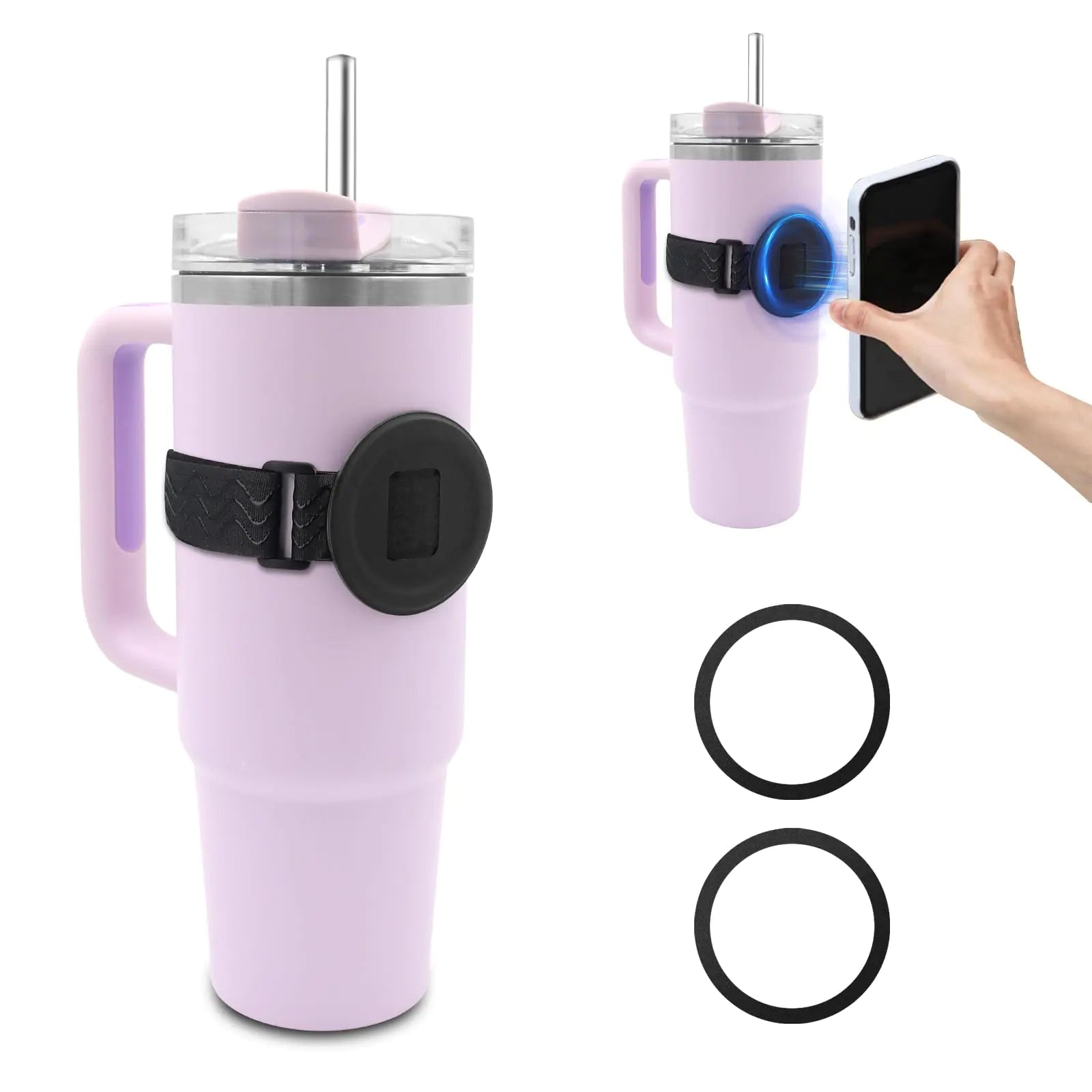 Water Bottle Phone Holder for MagSafe Magnetic Holder Upgrade Silicone Anti-slip Adjustable Strap for Stanley Cup Gym Accessories for iPhone & AirPods Owala Simple Modern Water Bottle w/2×Metal Ring