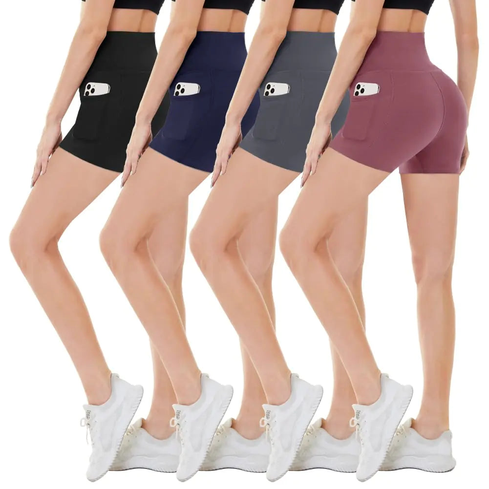 CAMPSNAIL 4 Pack Biker Shorts Women with Pockets – 5"/8" High Waist Tummy Control Workout Gym Yoga Running Compression Shorts